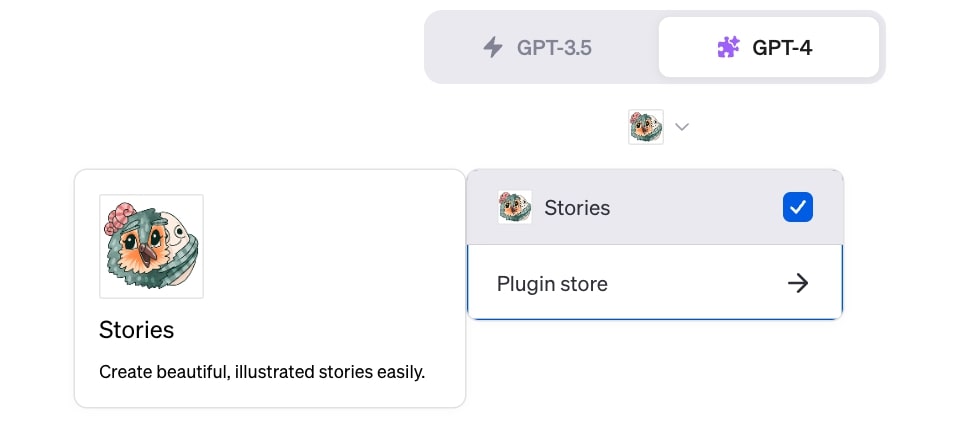 ChatGPT showing stories plugin enabled.